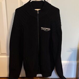 Lucky Brand x Triumph Motorcycle Embroidered Knit Full Zip Sweater Jacket